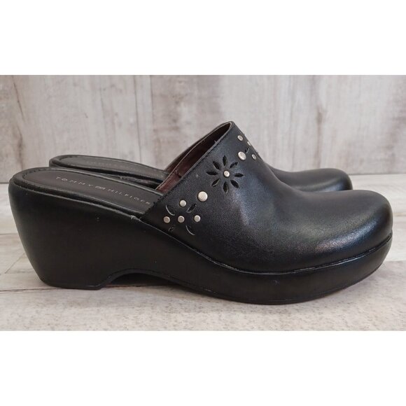✅Tommy Hilfiger Black Studded Leather Mules Womens Size 8.5M slip On Clogs Heels - Picture 11 of 15